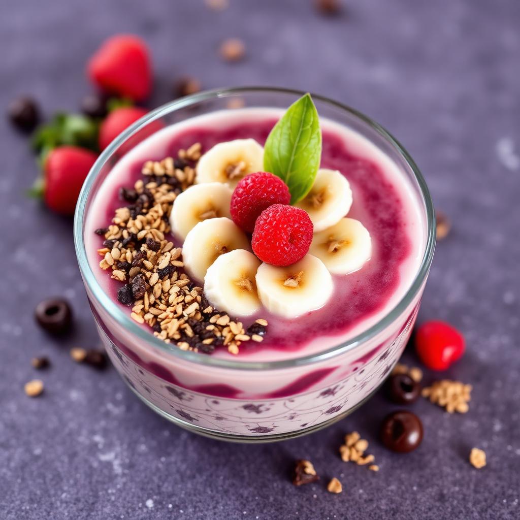 Tigela de açaí cremoso com granola morango e banana em balcão de açaiteria moderna