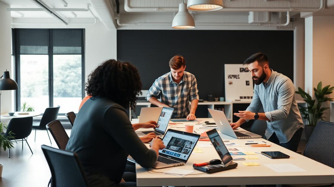 Equipe criativa de agência de marketing colaborando ao redor de mesa com laptops e mockups