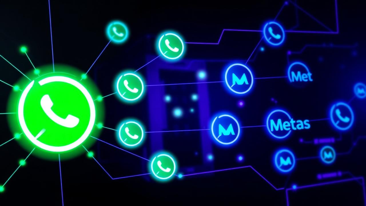 Ícone do WhatsApp conectado a servidores via linhas de dados luminosas