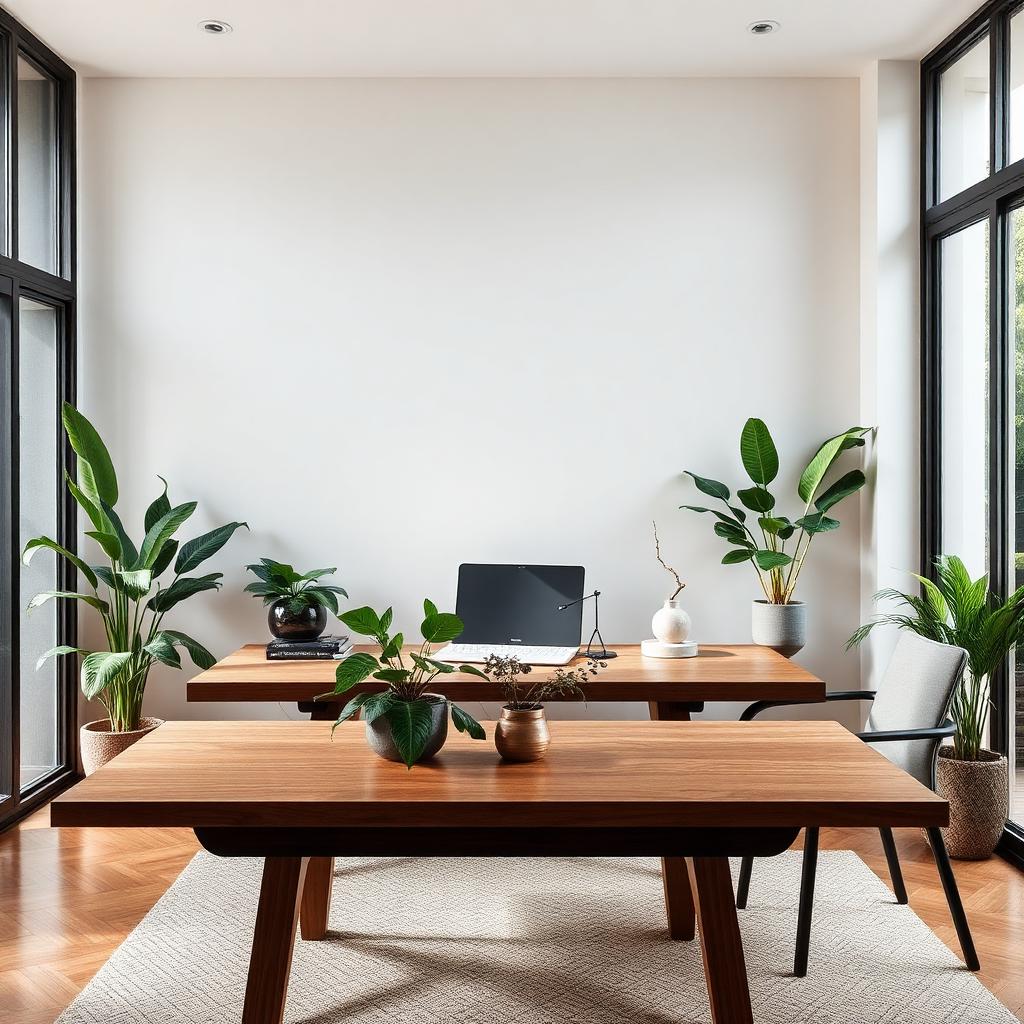 Escritório de arquitetura moderno com maquete e plantas técnicas sobre mesa de madeira