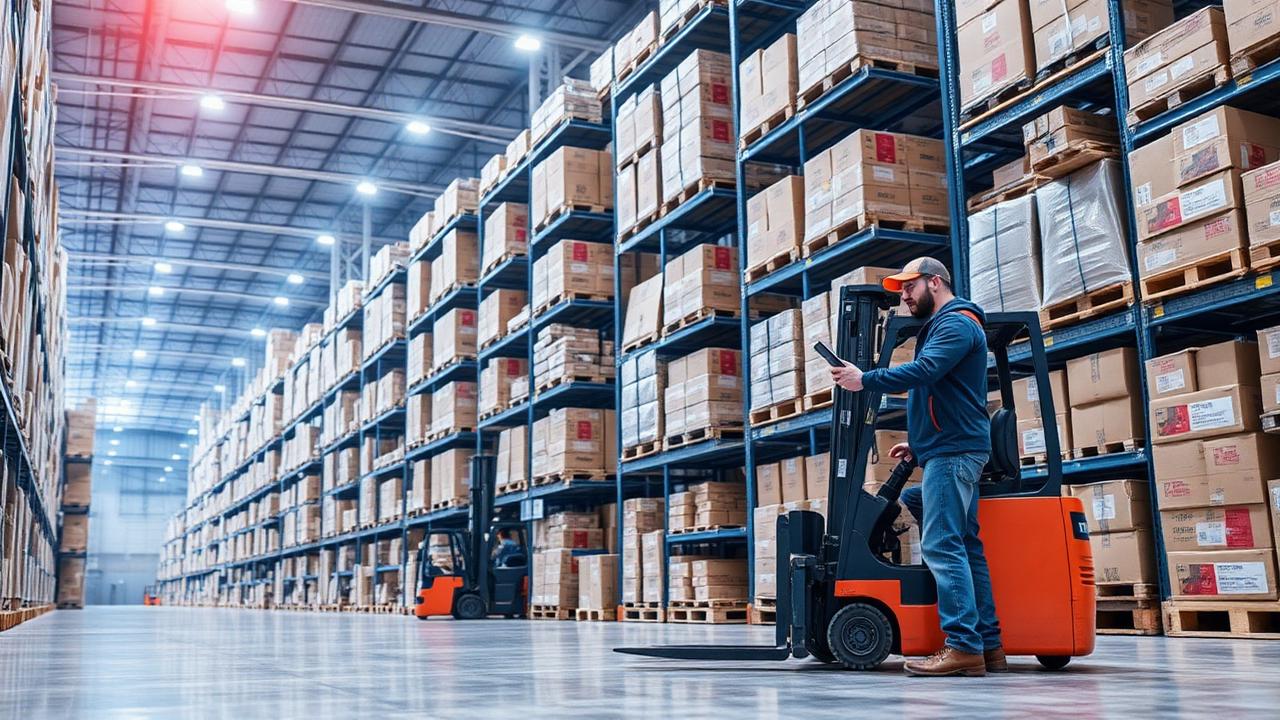 Galpão de distribuição com prateleiras altas de produtos e operador com tablet