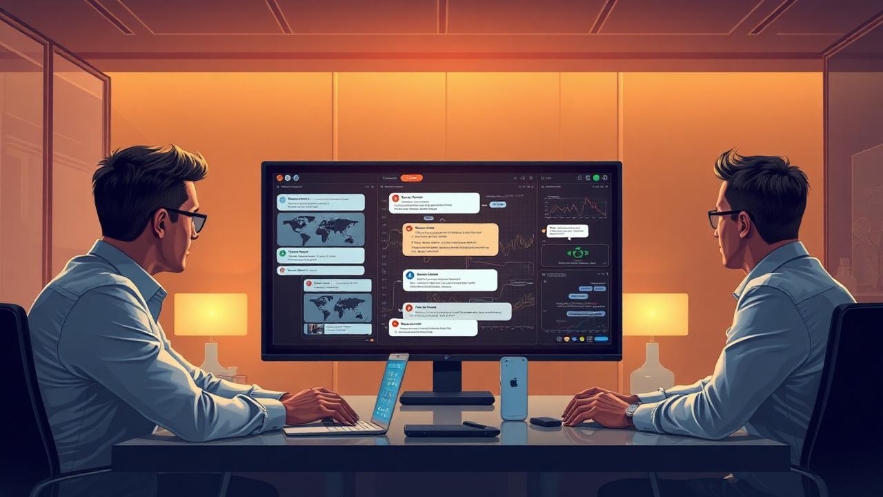 Executivos analisando deal complexo com chat overlays
