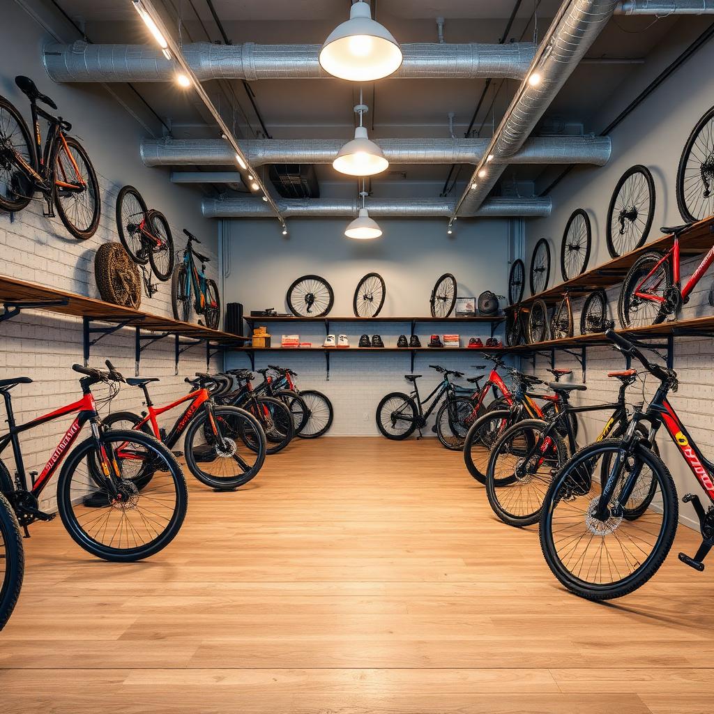 Loja moderna de bicicletas com várias bikes speed e mountain bike expostas