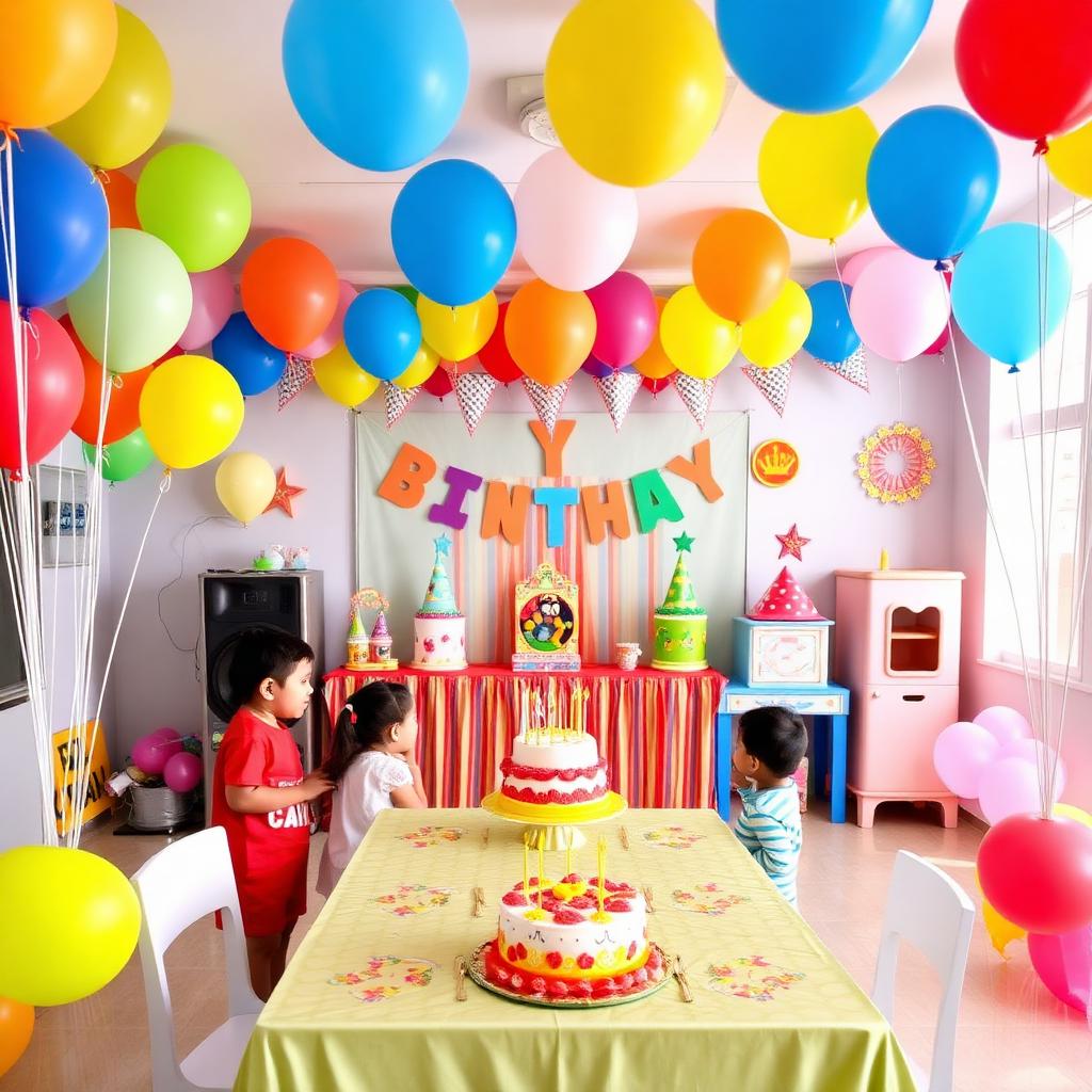 Casa de festa infantil decorada com balões coloridos e mesa de bolo