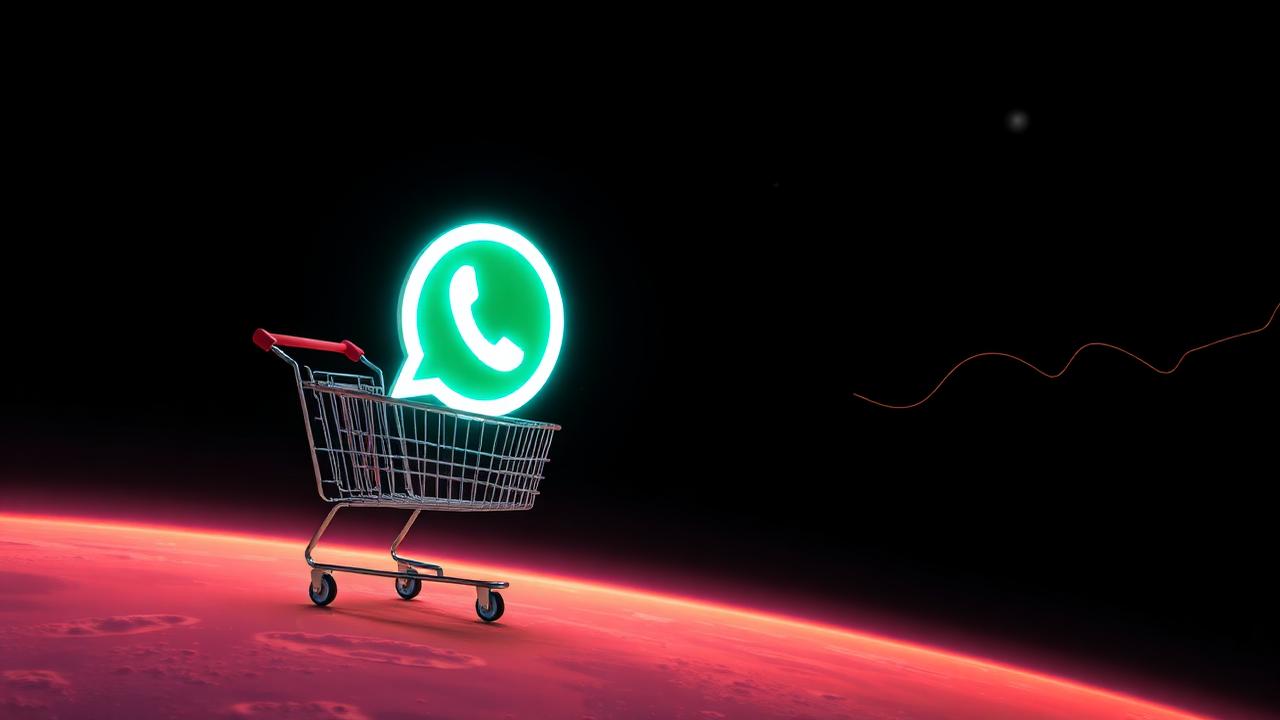 Carrinho de compras flutuando no espaço sendo puxado por um balão luminoso do WhatsApp