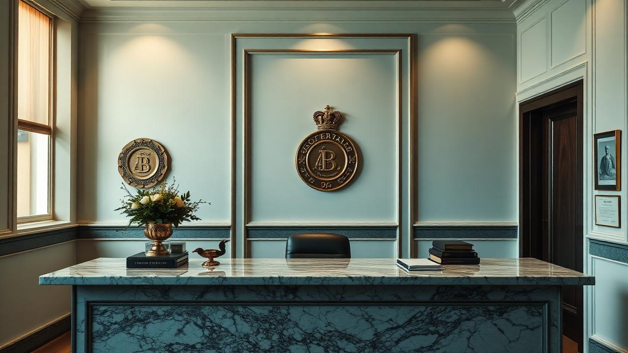 Recepção elegante de cartório com balcão de mármore, selos oficiais e iluminação institucional