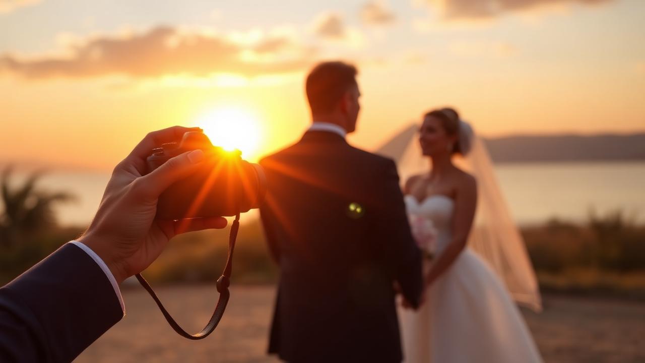 Fotógrafo capturando casal de noivos ao pôr do sol durante cerimônia ao ar livre