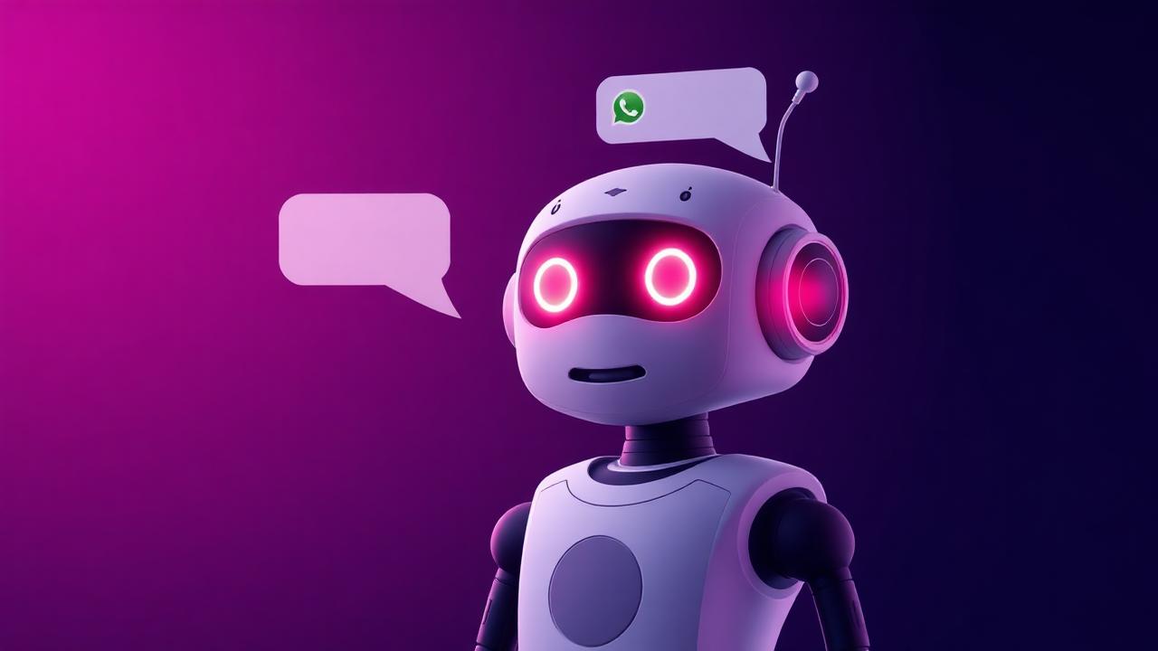 Robô amigável com olhos brilhantes conversando via balões do WhatsApp