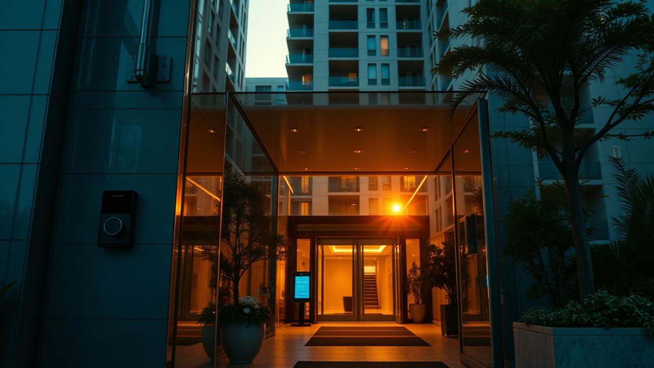Entrada moderna de condomínio residencial ao entardecer com portaria iluminada