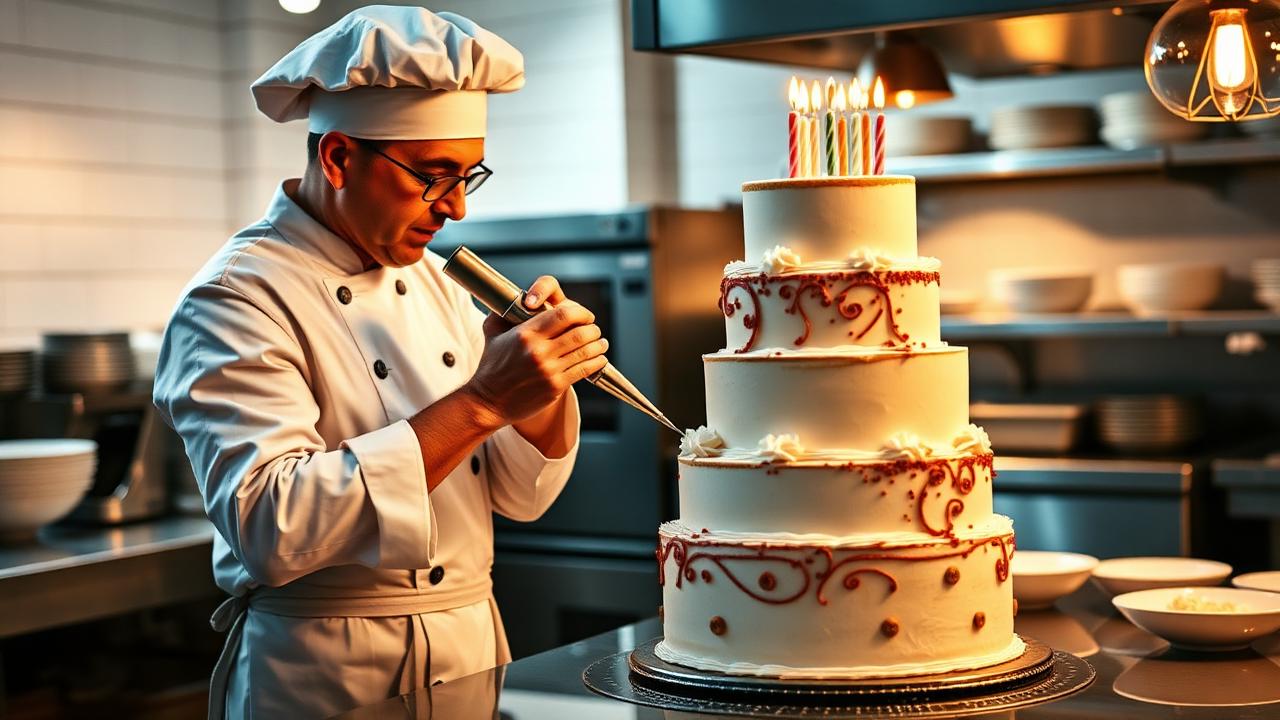 Confeiteiro decorando bolo de aniversário em cozinha profissional