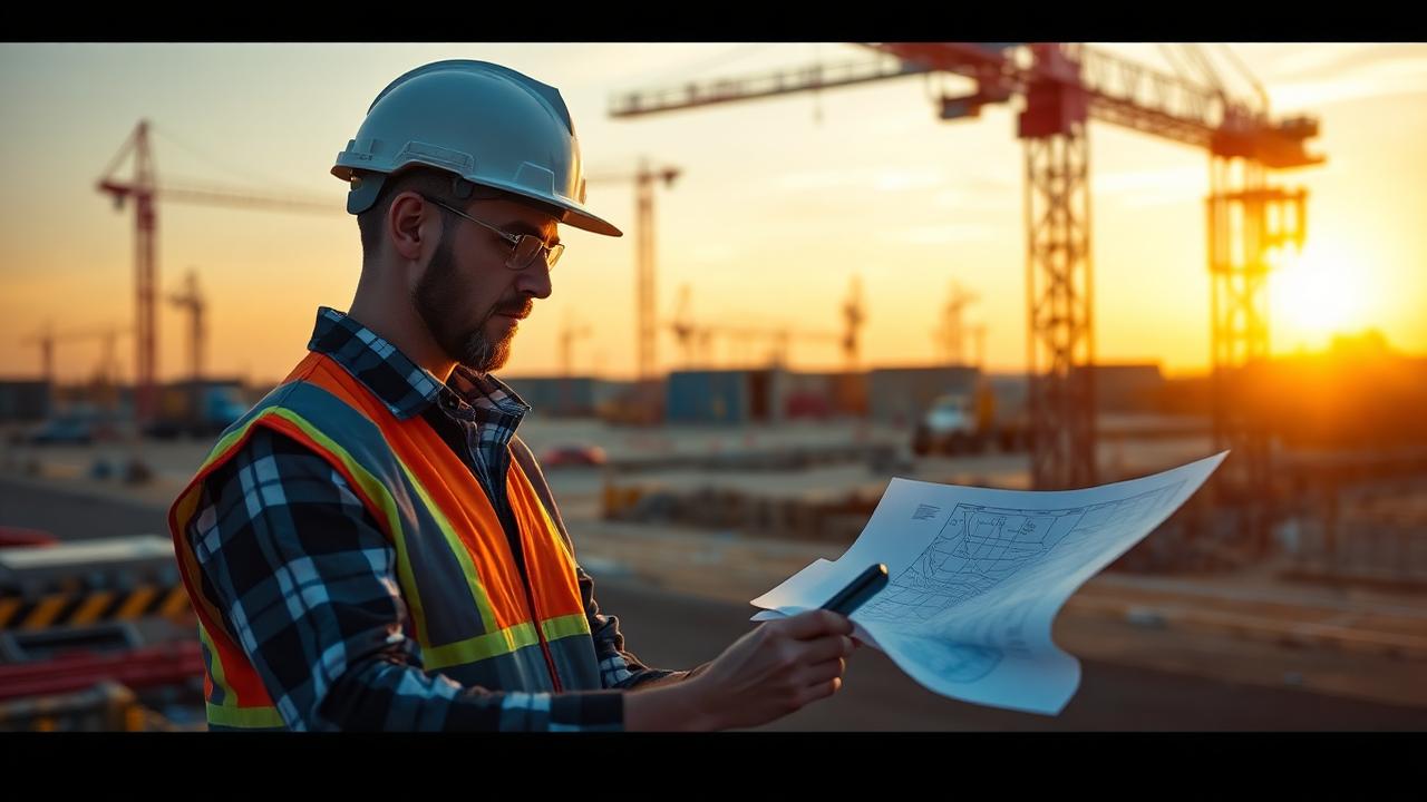 Engenheiro com capacete consultando blueprint em canteiro de obras com luz dourada