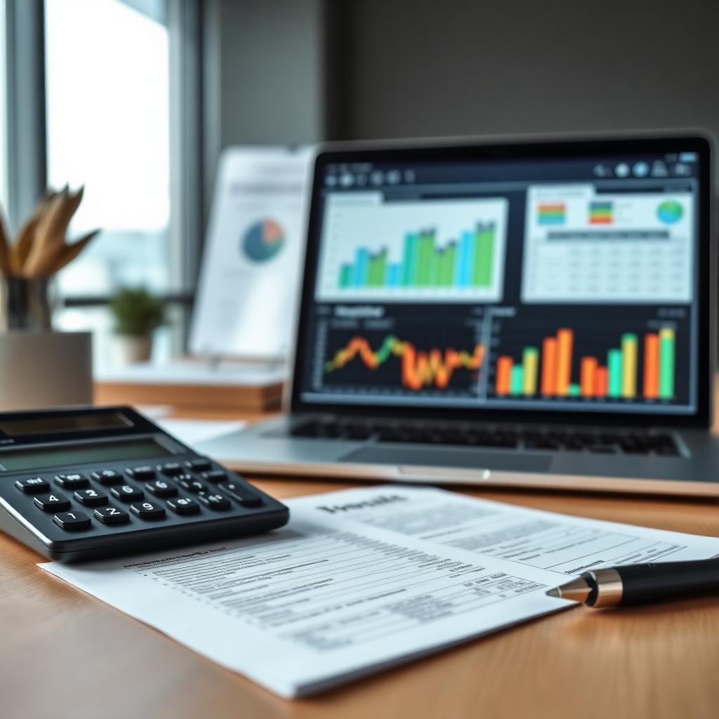 Mesa de escritório com calculadora, documentos fiscais e laptop com dashboard financeiro