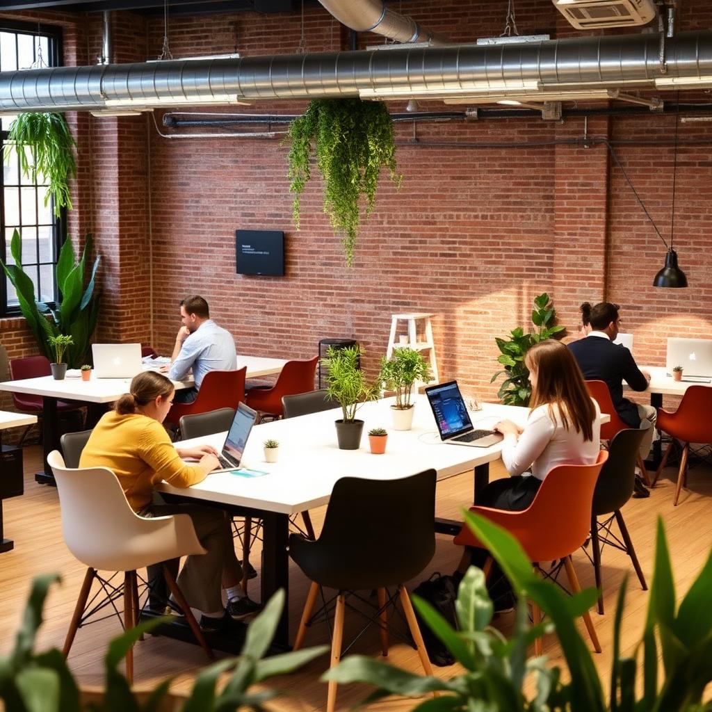 Coworking moderno com mesas compartilhadas, plantas e parede de tijolo aparente