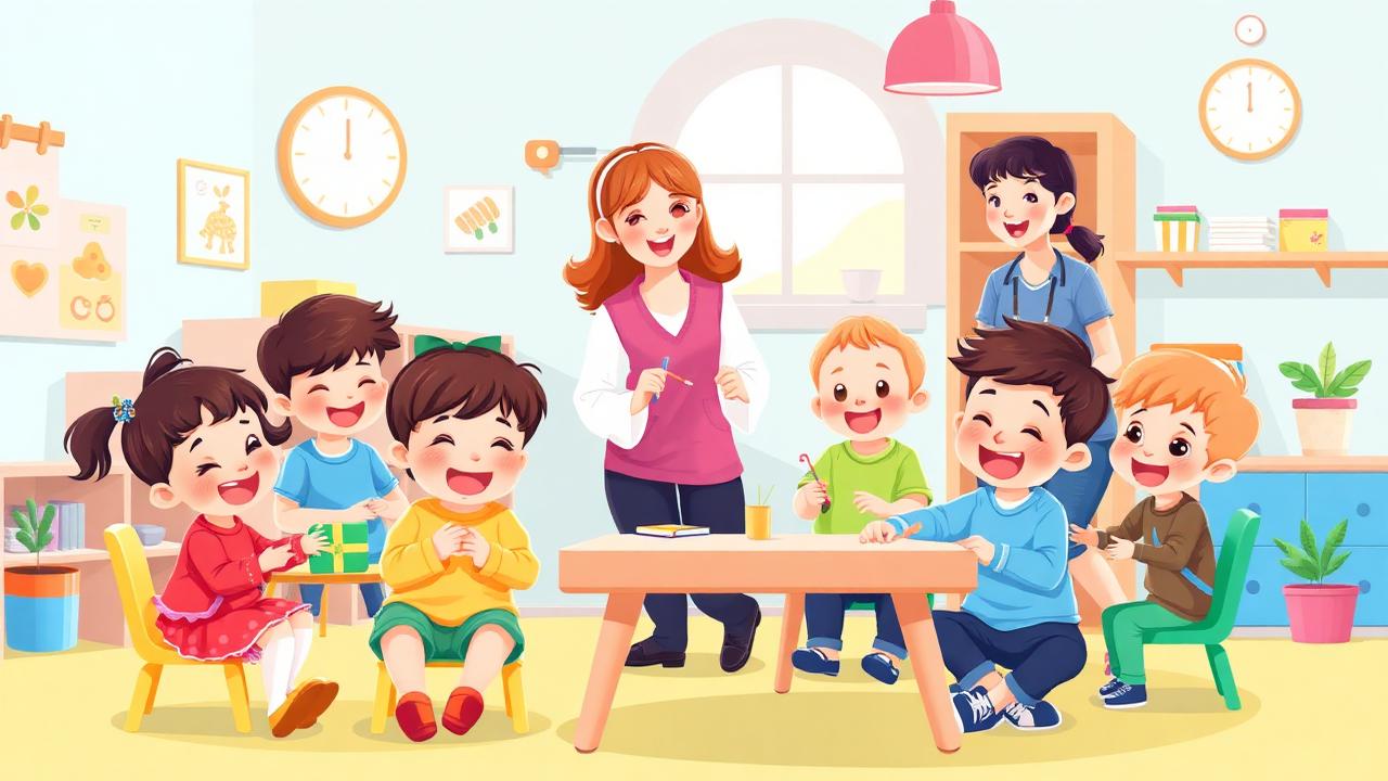 Crianças felizes em sala de creche colorida com professora