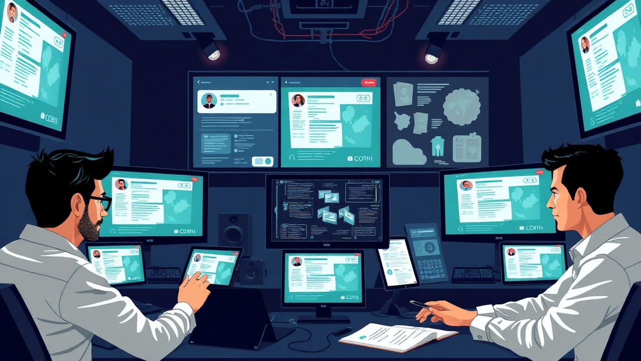 Sala de gerenciamento de crise com monitores e equipe atenta