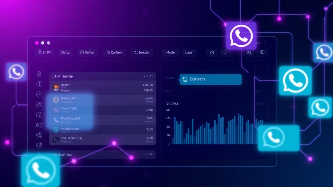 Painel de CRM conectado a balões do WhatsApp por linhas de dados luminosas