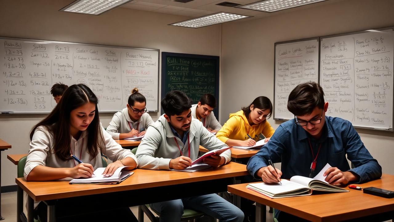 Sala de cursinho preparatório com alunos estudando em ritmo intenso e quadros com fórmulas