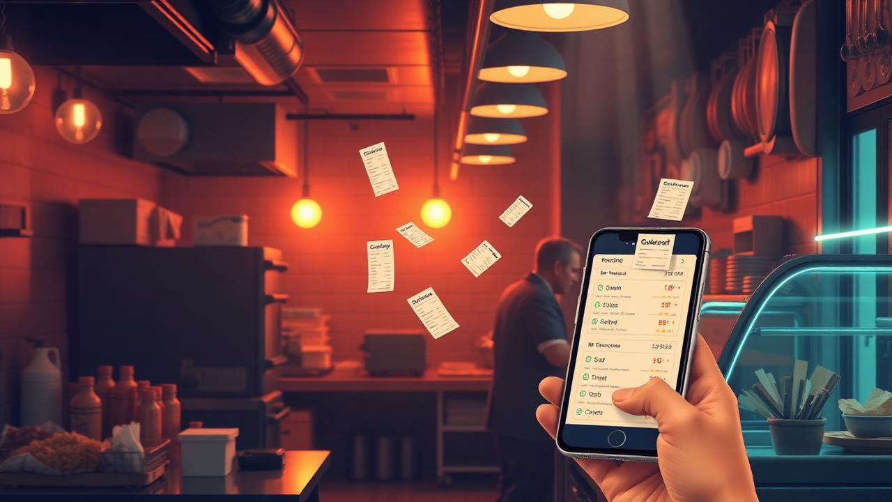 Cozinha de restaurante com pedidos digitais chegando via smartphone