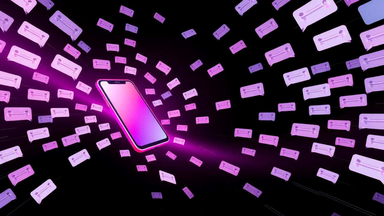 Smartphone irradiando dezenas de balões de mensagem em padrão circular