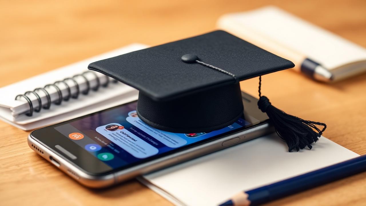 Capelo de formatura sobre smartphone com aulas saindo da tela