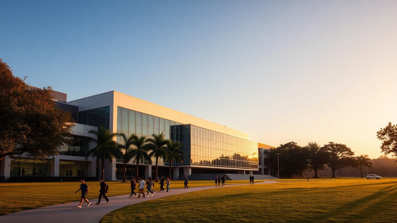 Campus universitário moderno com estudantes caminhando ao entardecer