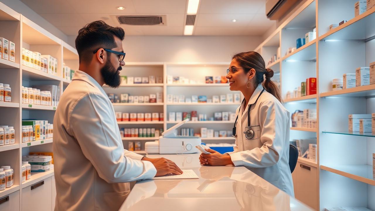 Farmacêutica orientando cliente no balcão de farmácia iluminada