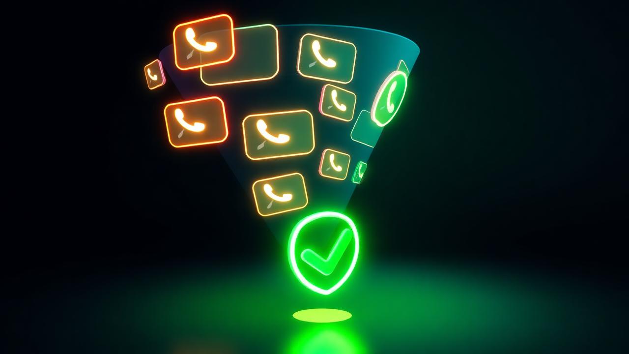 Funil de vendas formado por balões de mensagens do WhatsApp desaguando em um selo verde de confirmação