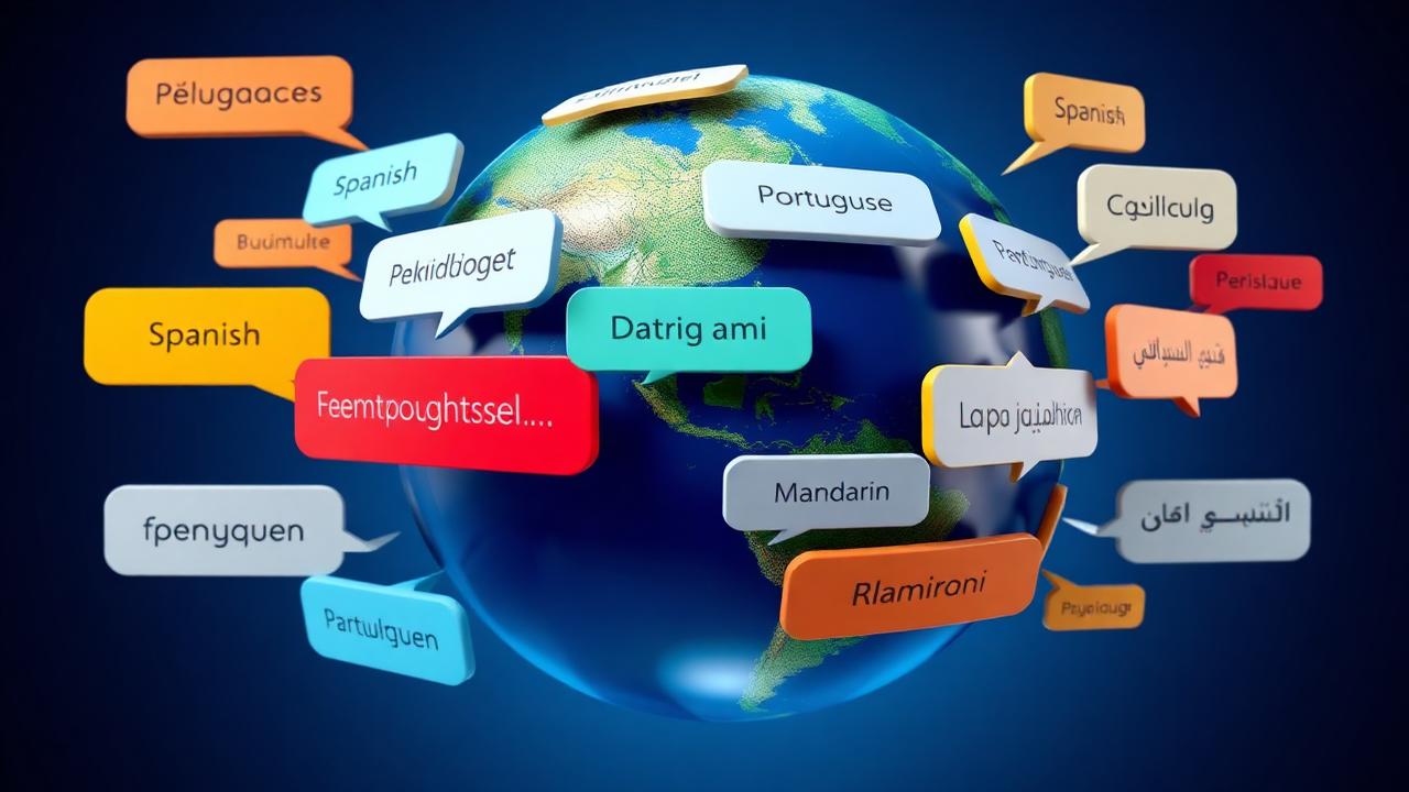 Globo cercado por balões de mensagem em múltiplos idiomas
