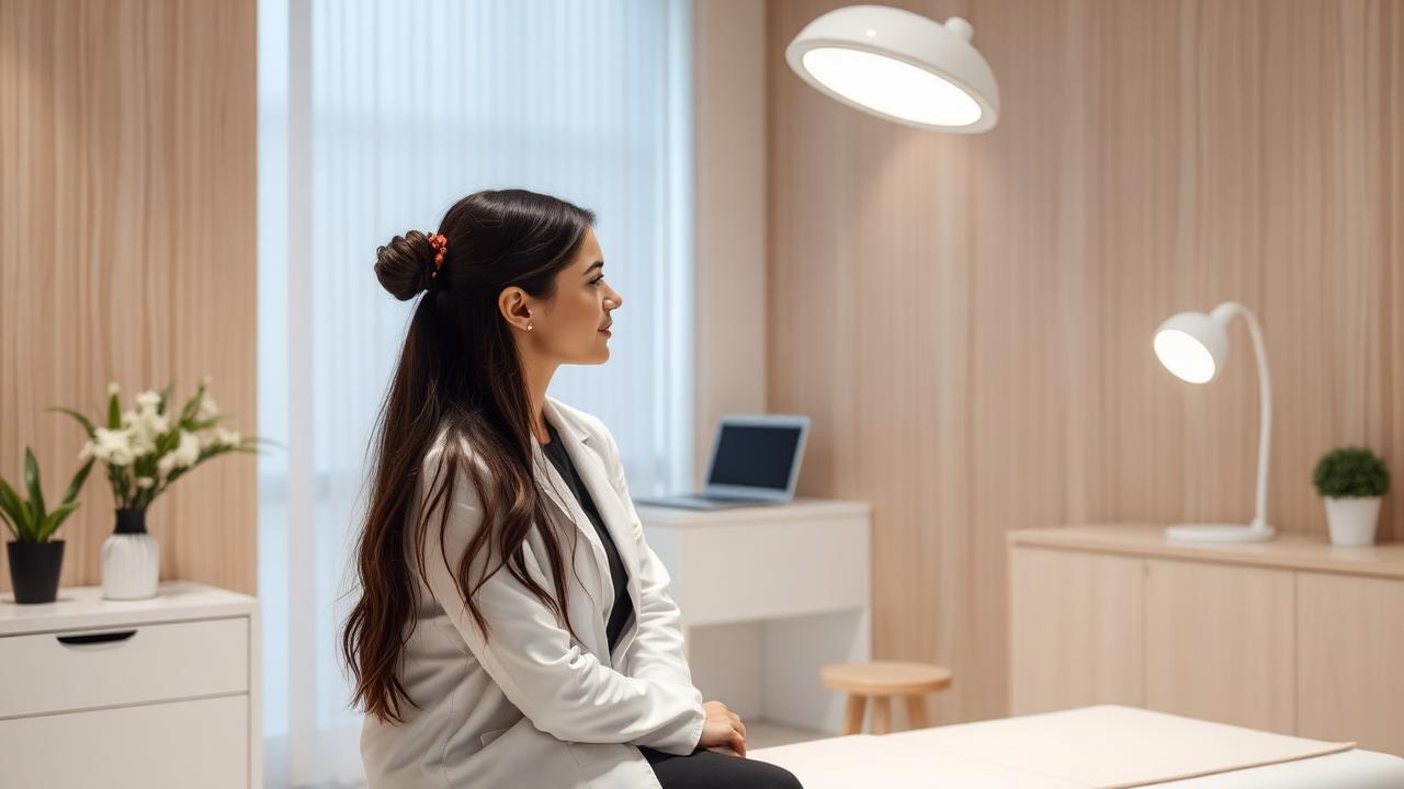 Médica em consulta de avaliação estética em clínica moderna iluminada