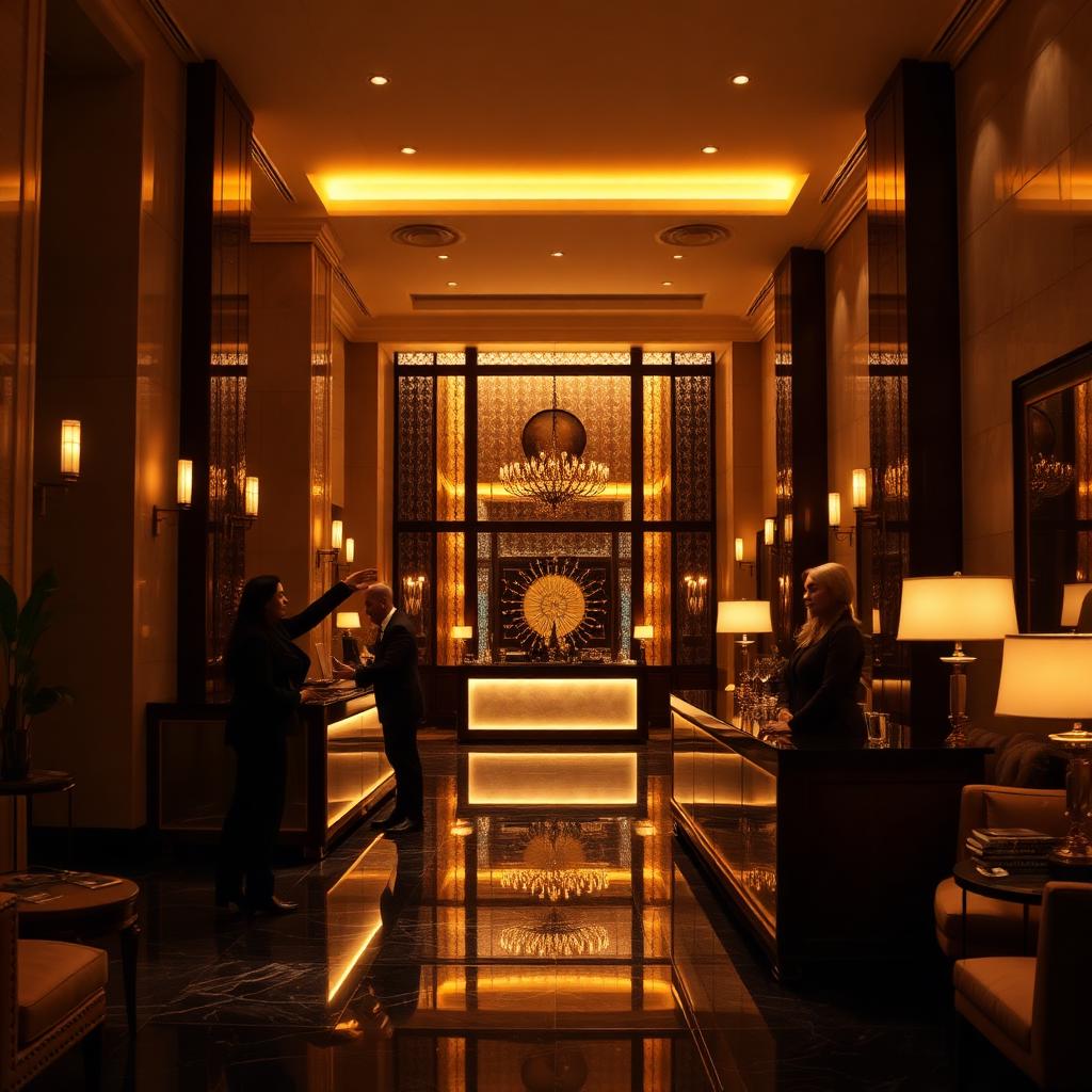 Lobby elegante de hotel boutique com recepção iluminada e atmosfera acolhedora