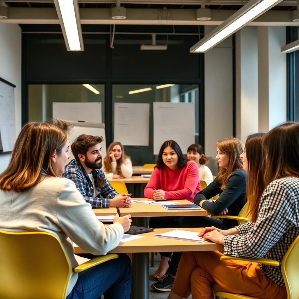 Sala de aula moderna de escola de idiomas com alunos adultos em conversação