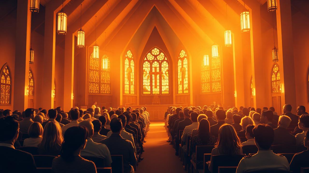 Interior de igreja com congregação reunida em culto