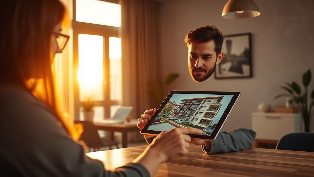 Chave de apartamento moderno com balão de WhatsApp ao pôr do sol