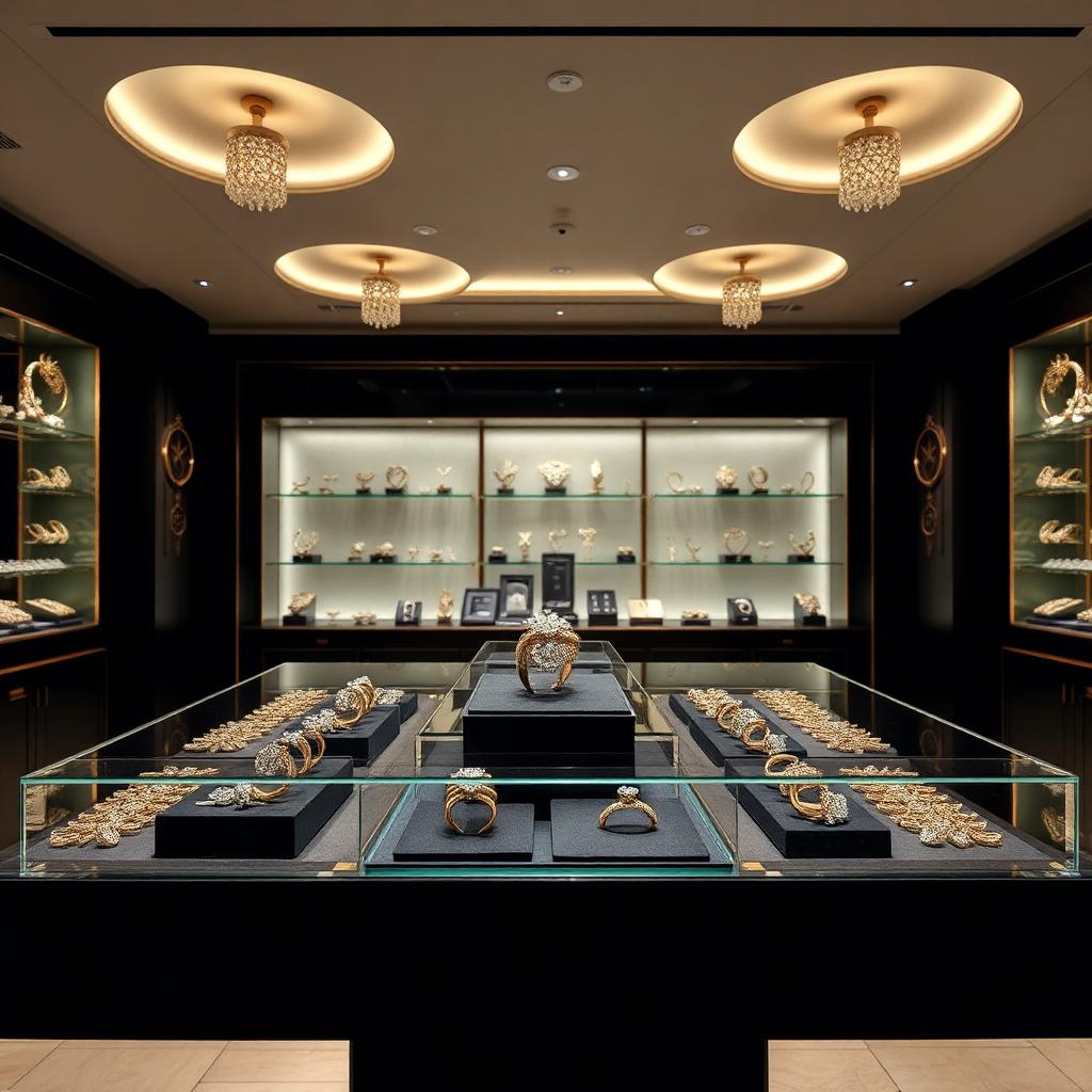 Vitrine de joalheria de luxo com anéis de ouro e diamantes sob iluminação elegante