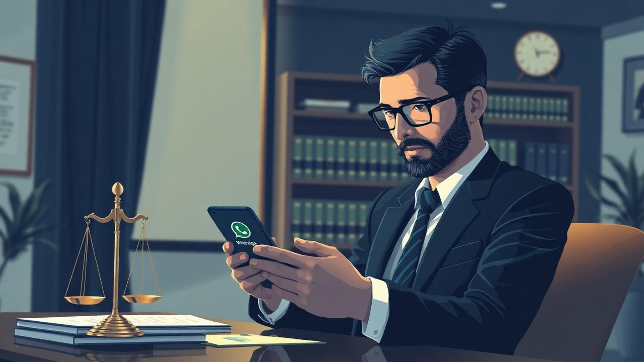 Advogado em escritório consultando processos pelo celular