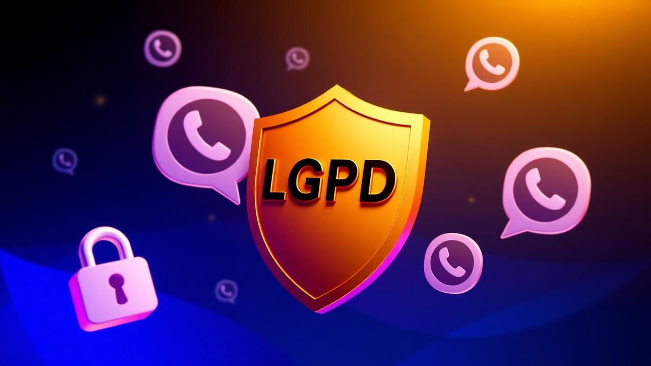 Escudo dourado com letras LGPD protegendo balões de mensagem do WhatsApp