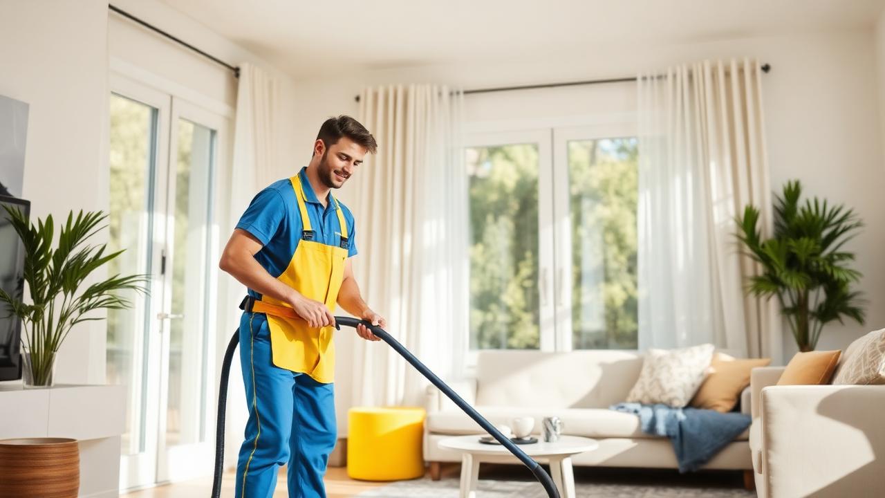 Profissional de limpeza aspirando sala iluminada de apartamento moderno