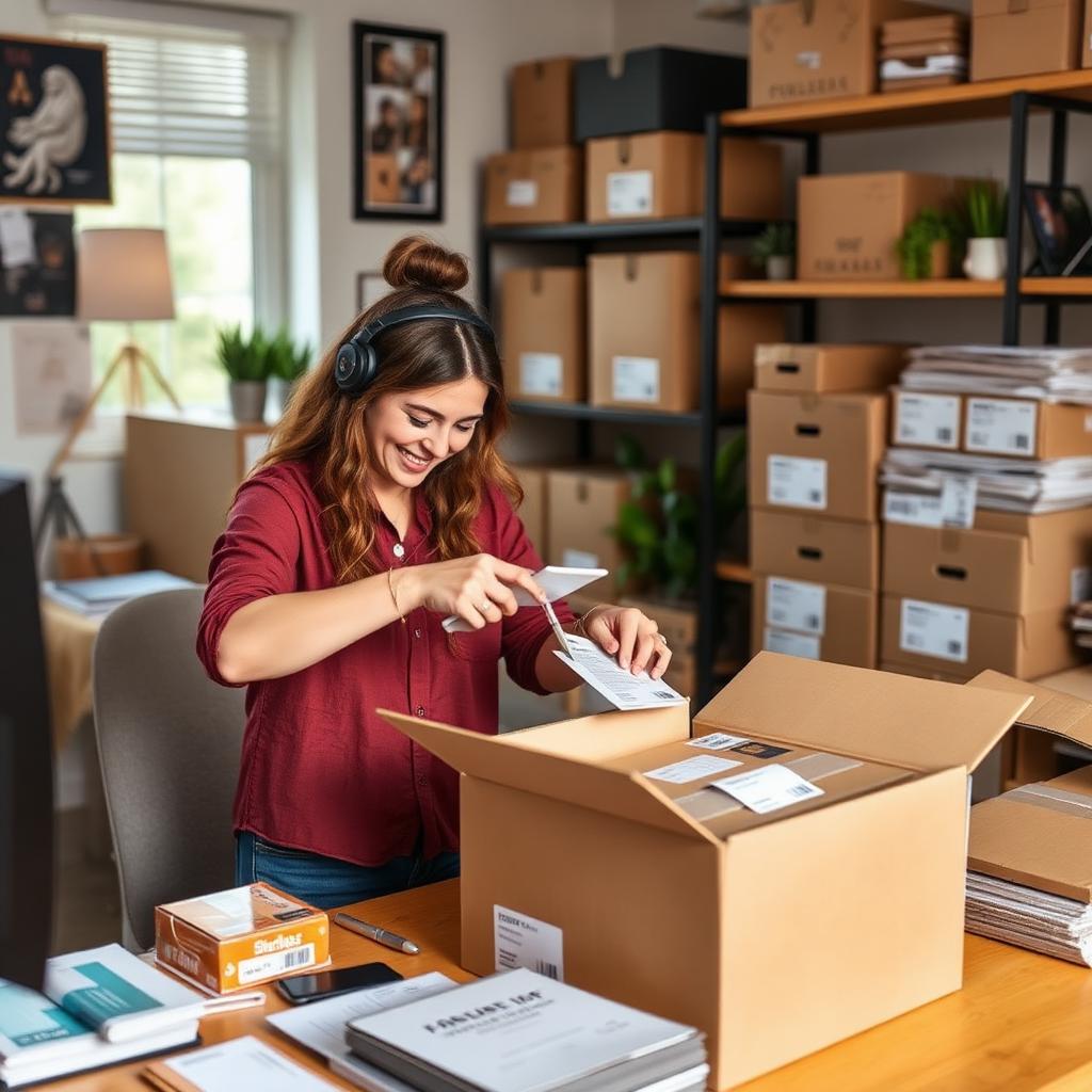 Empreendedora embalando pedidos de e-commerce em escritório organizado