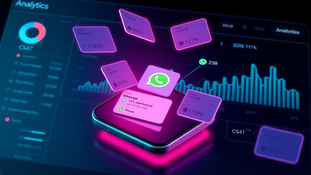 Dashboard de métricas com cards de KPIs flutuando sobre smartphone com conversa do WhatsApp
