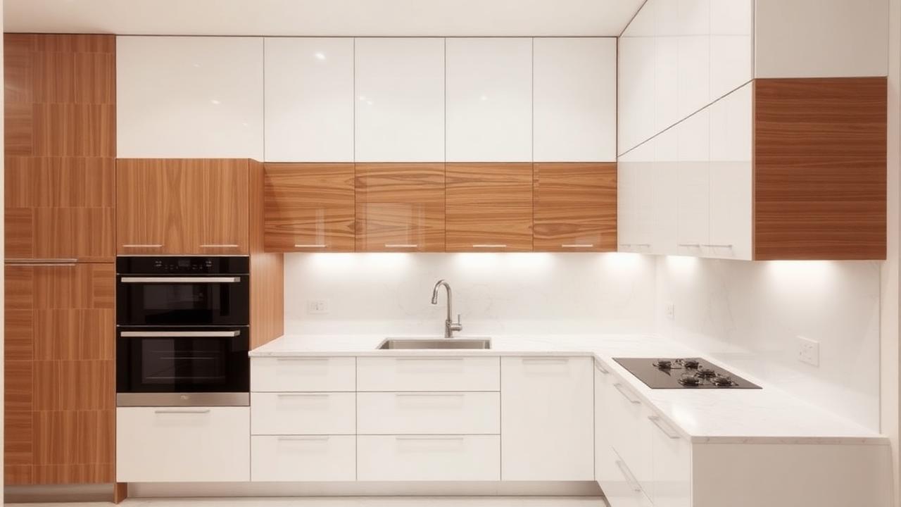 Cozinha planejada moderna com armários brancos e detalhes em madeira