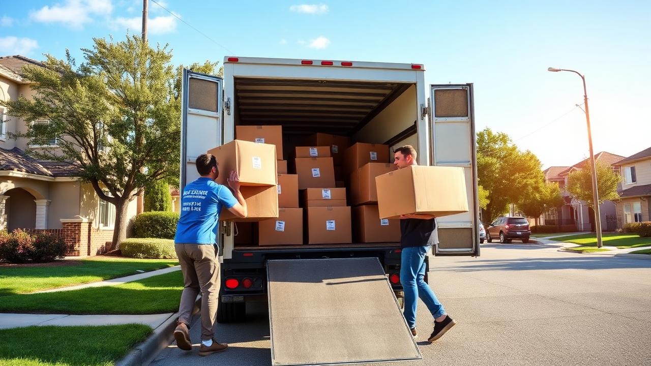 Equipe de mudança carregando caixas etiquetadas em caminhão branco