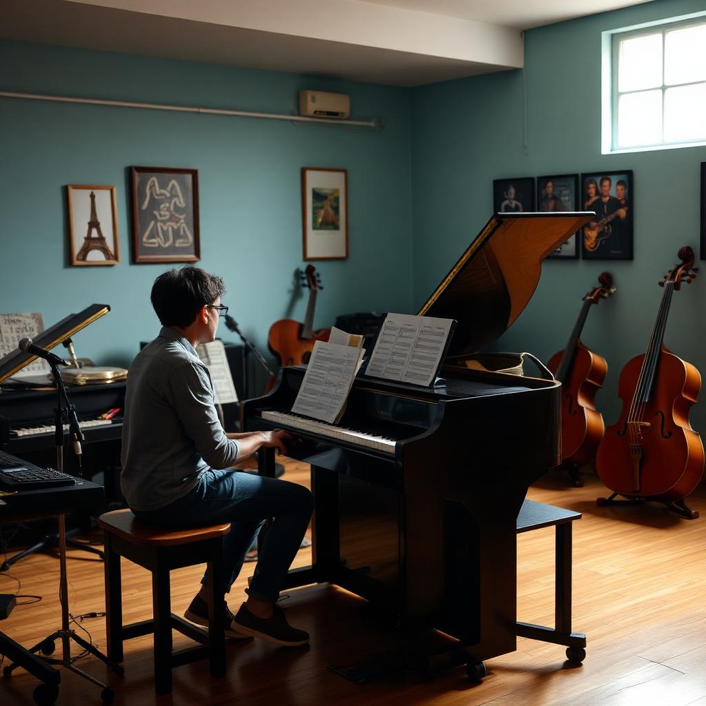 Sala de aula de música com professor ensinando piano para criança em ambiente acolhedor