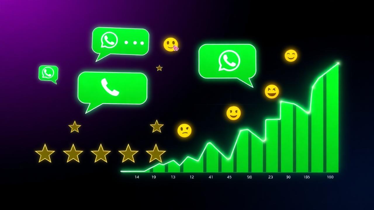 Estrelas e emojis saindo de balões do WhatsApp para um gráfico de analytics