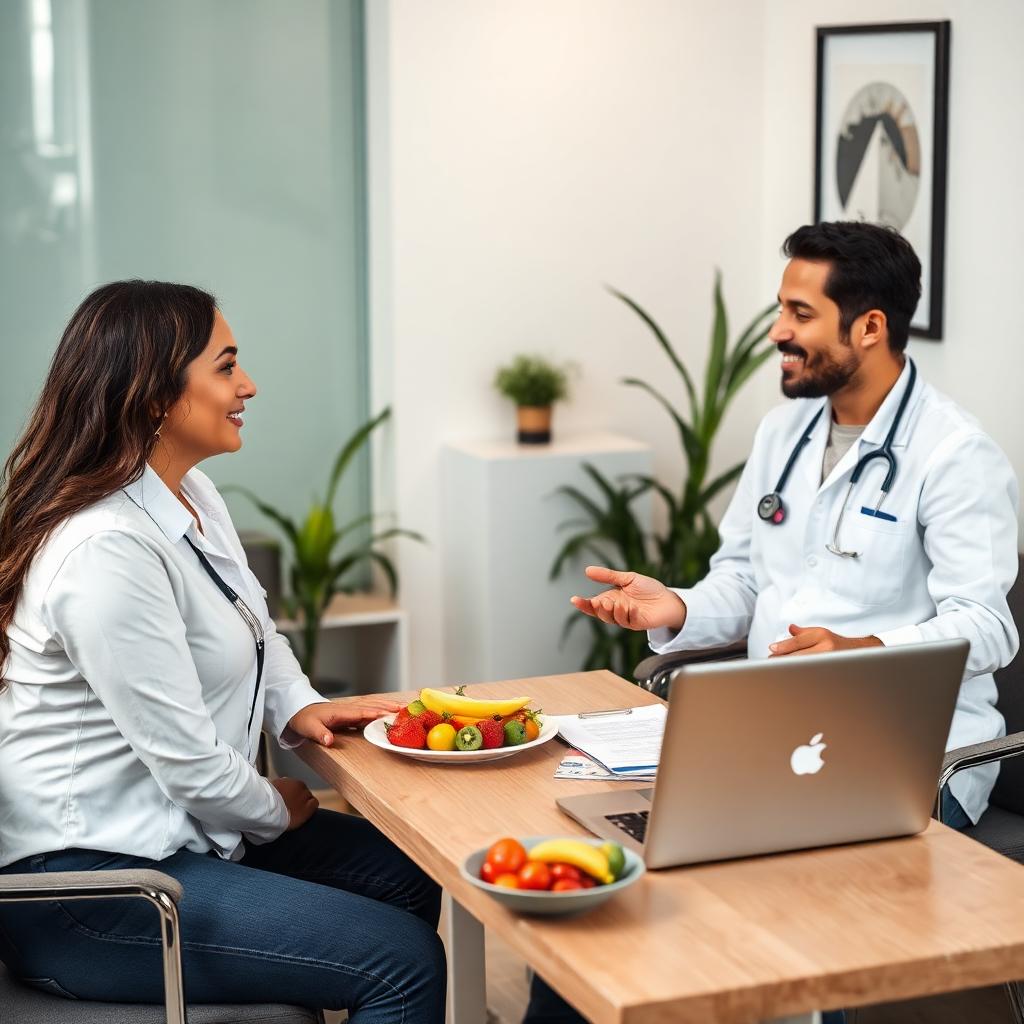 Nutricionista em consultório clean conversando com paciente sobre plano alimentar