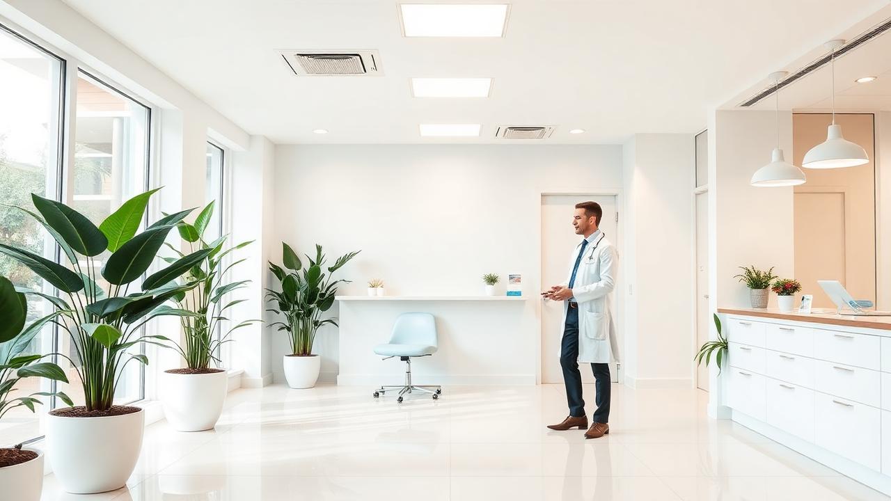 Recepção moderna e iluminada de clínica odontológica com plantas e atendimento humanizado