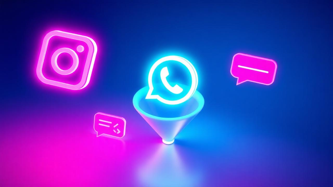 Ícones de Instagram e WhatsApp convergindo em um funil único de conversa