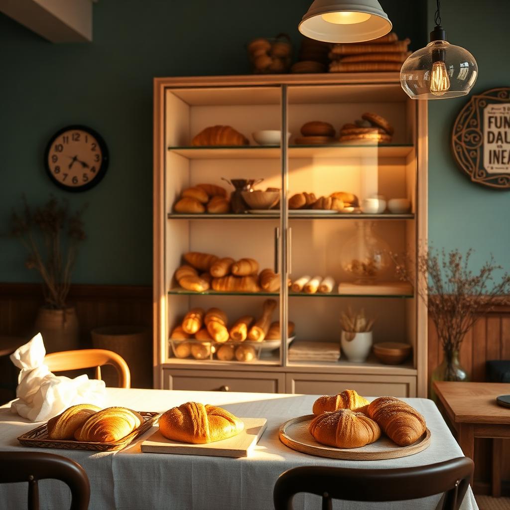 Vitrine de padaria artesanal com pães e croissants dourados ao amanhecer