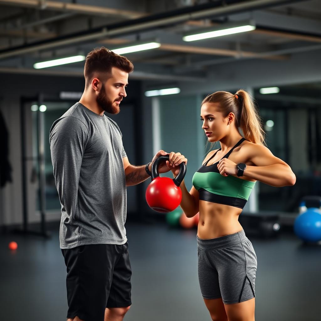 Personal trainer orientando aluna em treino funcional com kettlebell em estúdio moderno