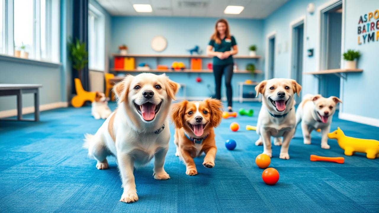 Cachorros felizes brincando em creche canina moderna
