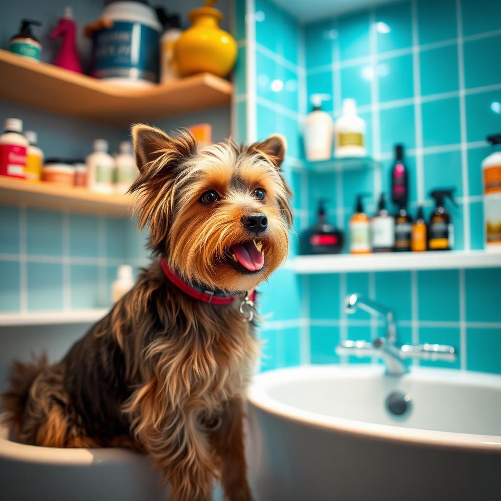 Cachorro feliz no banho em pet shop moderno com prateleiras de produtos premium